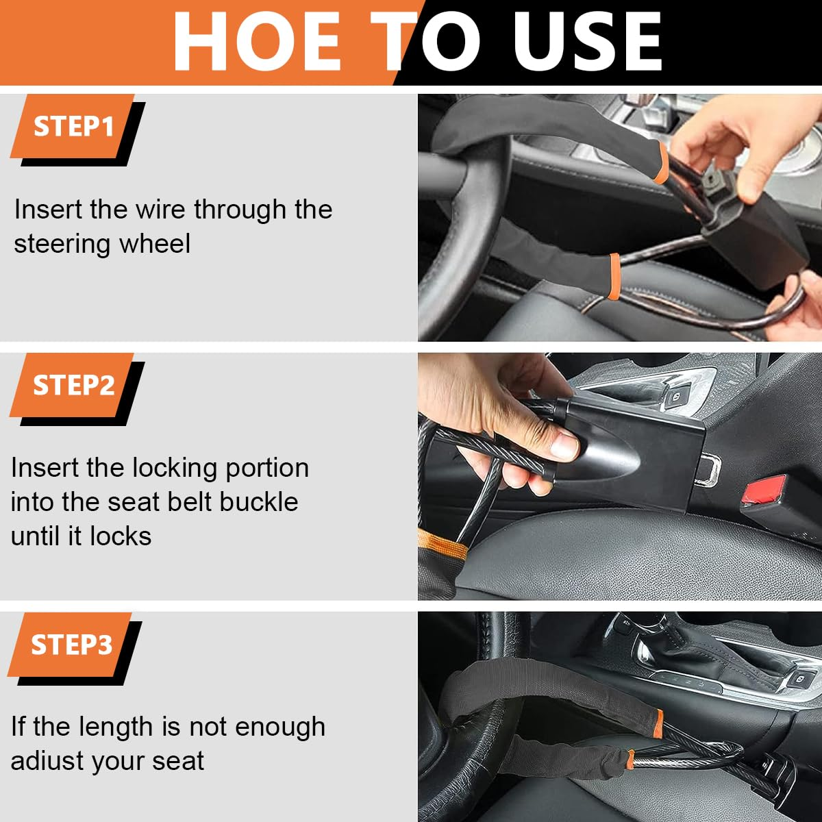 Three step guide to fitting the Vodreach steering wheel lock